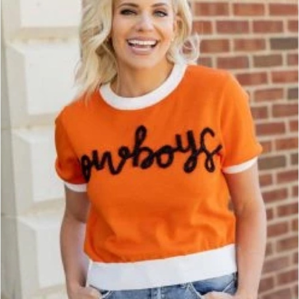 QUEEN OF SPARKLES Oklahoma State Cowboys Orange and Black Crew Neck Sweater